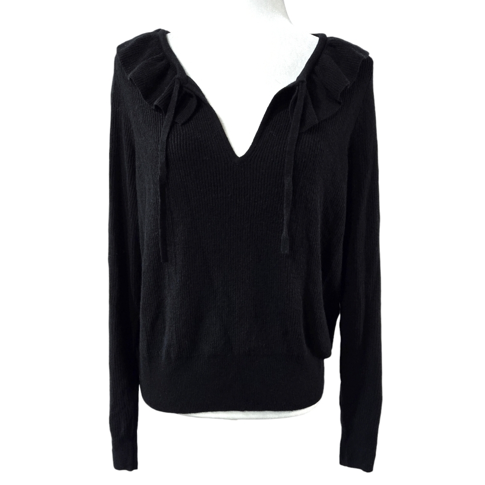 Madewell Merino Wool Blend Black Tie Neck Ruffle Pullover Sweater MA702